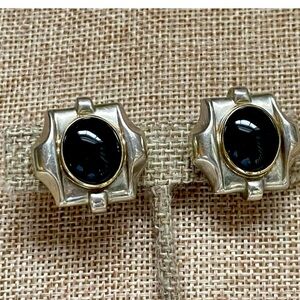 Designer Rigoberto Sterling & 14K Yellow Gold Onyx Earrings